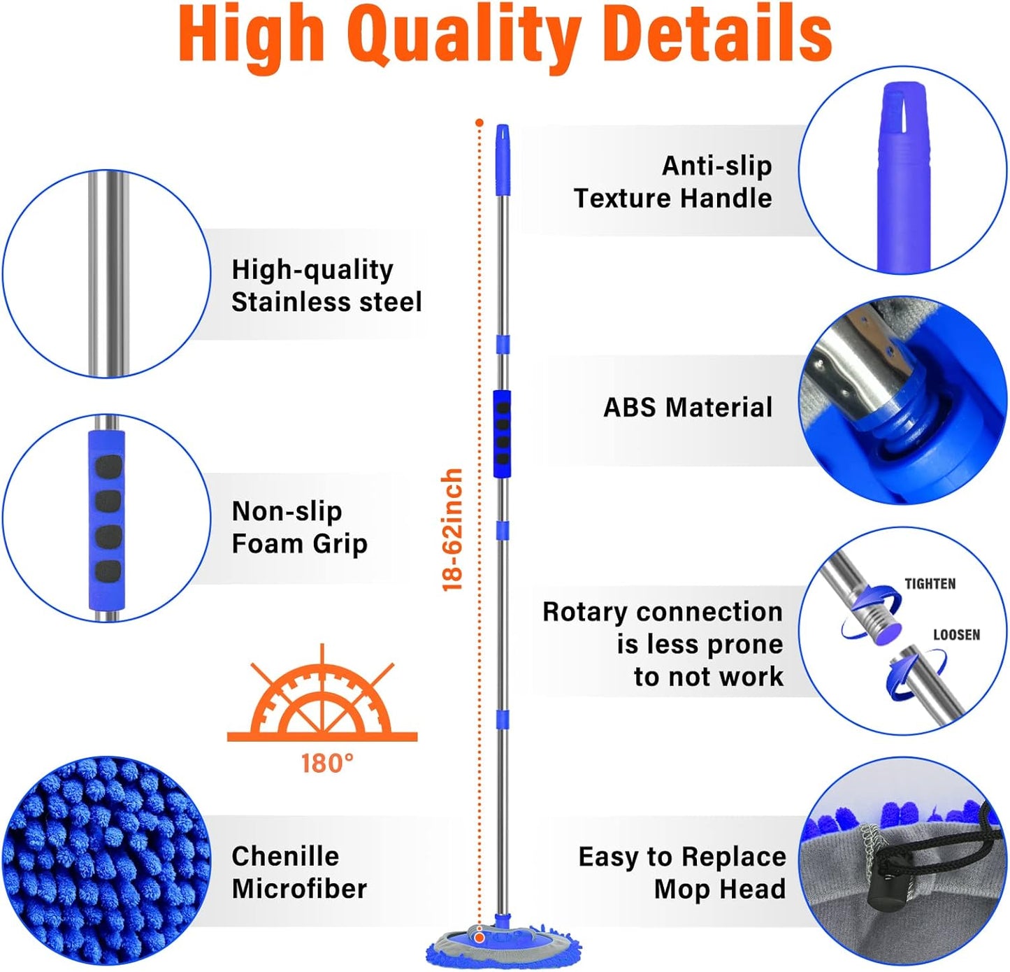 Car Wash Brush with Long Handle 62/ Microfiber Kit, Soft Mop Mitt Scratch-Free Washing Kit Cleaning Supplies for Truck RV Boat SUV Pickup Bus Blue-02