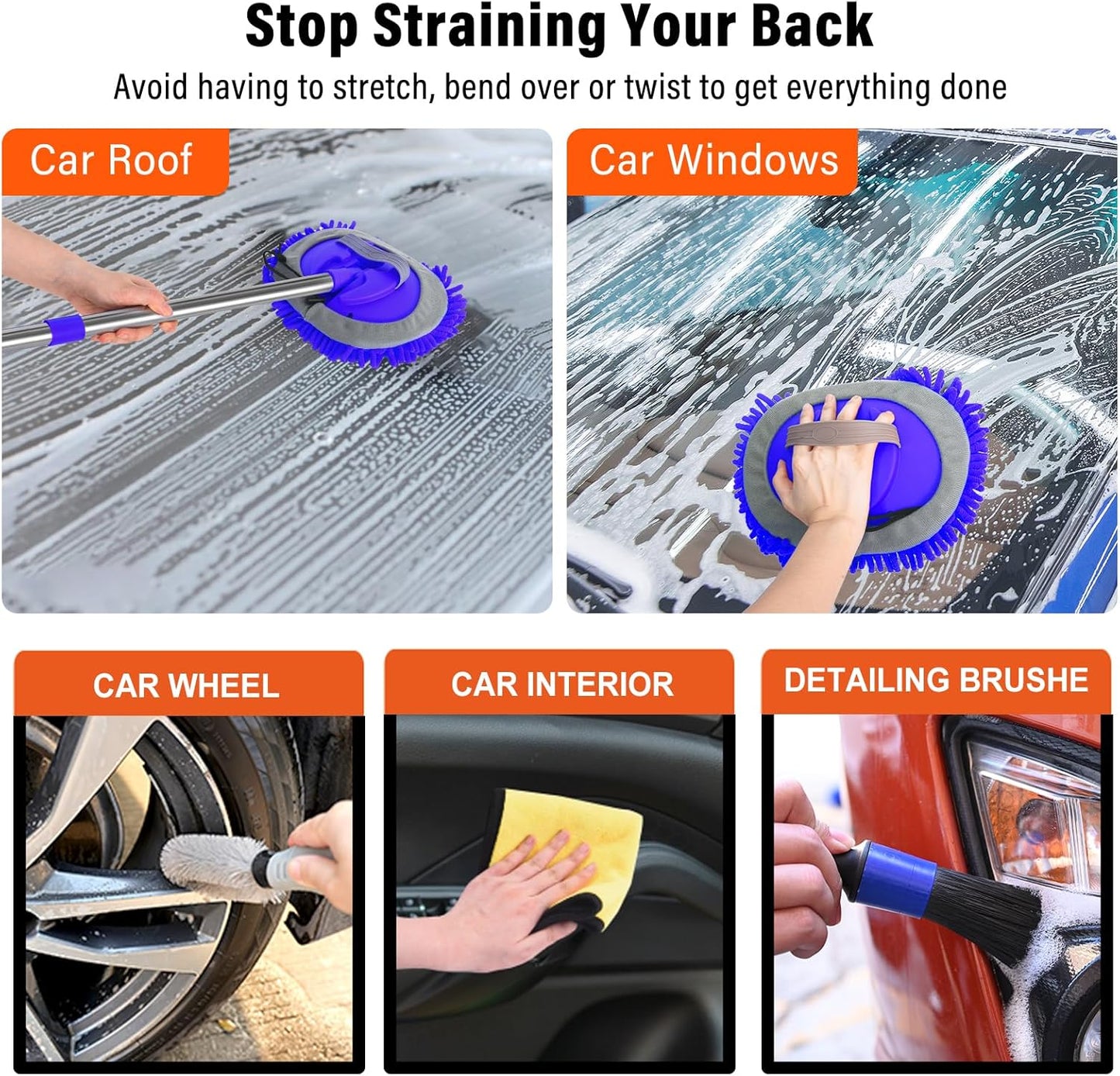 Car Wash Brush with Long Handle 62/ Microfiber Kit, Soft Mop Mitt Scratch-Free Washing Kit Cleaning Supplies for Truck RV Boat SUV Pickup Bus Blue-02