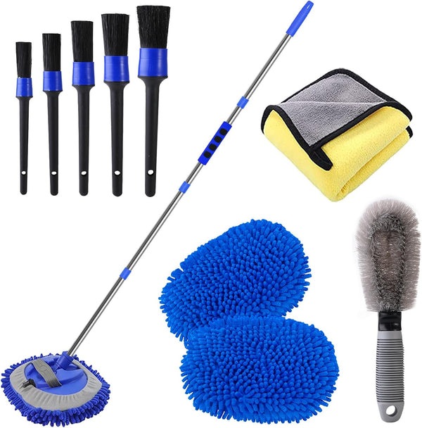Car Wash Brush with Long Handle 62/ Microfiber Kit, Soft Mop Mitt Scratch-Free Washing Kit Cleaning Supplies for Truck RV Boat SUV Pickup Bus Blue-02