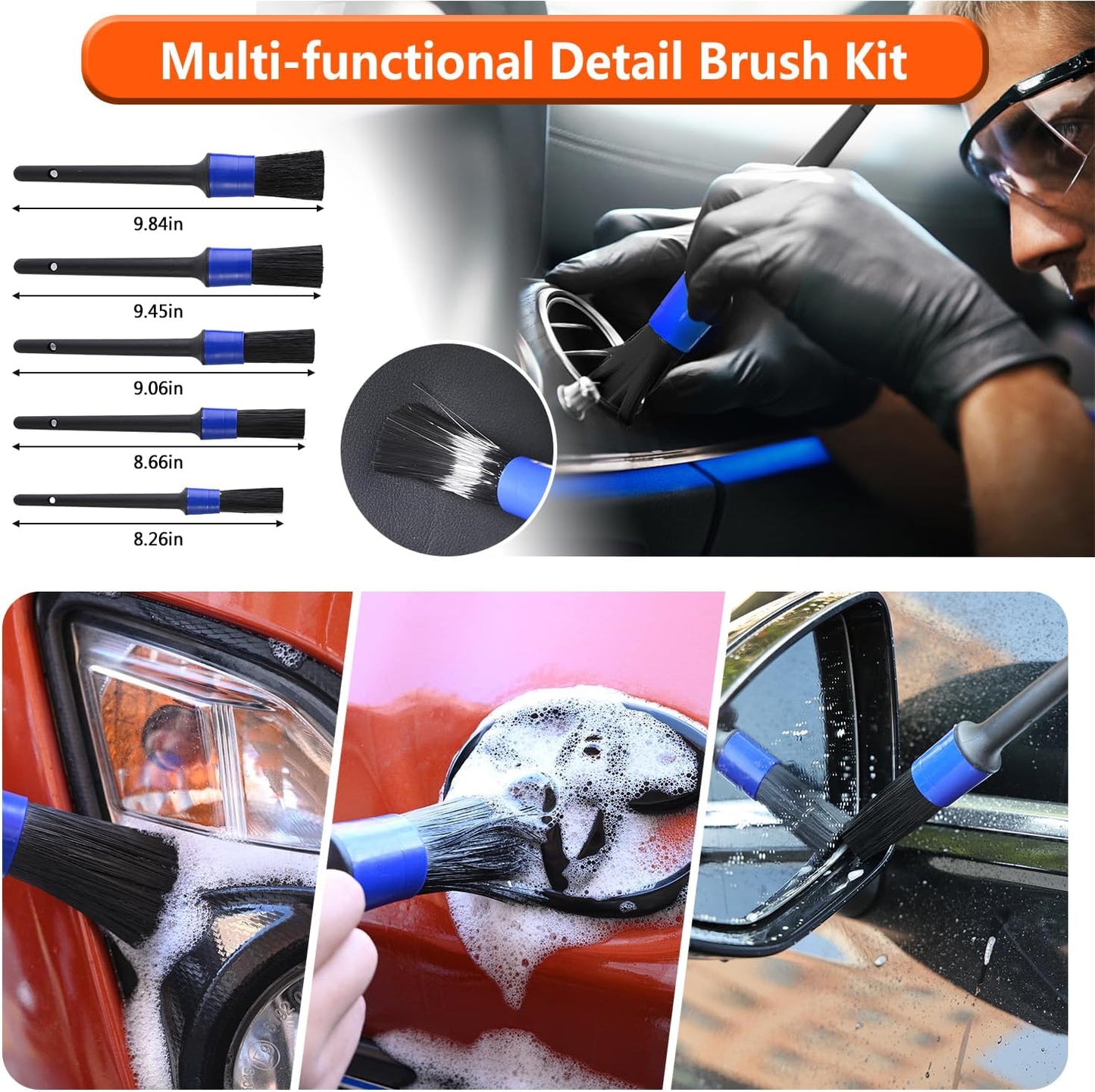 Car Wash Brush with Long Handle 62/ Microfiber Kit, Soft Mop Mitt Scratch-Free Washing Kit Cleaning Supplies for Truck RV Boat SUV Pickup Bus Blue-02
