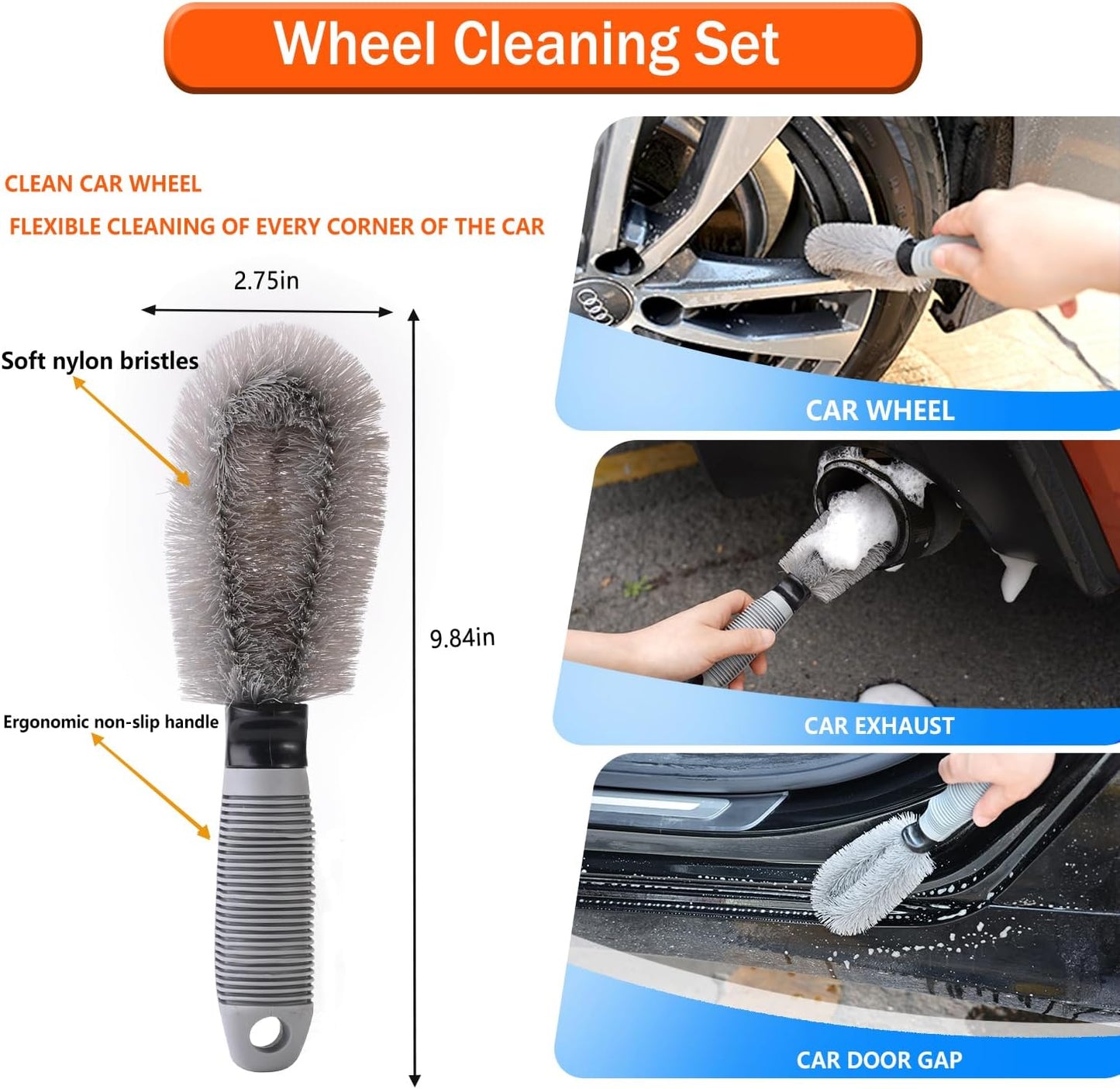Car Wash Brush with Long Handle 62/ Microfiber Kit, Soft Mop Mitt Scratch-Free Washing Kit Cleaning Supplies for Truck RV Boat SUV Pickup Bus Blue-02